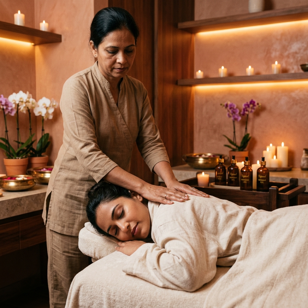Luxury spa sanctuary with relaxing body massage treatment oils, candles, and serene atmosphere